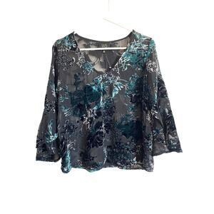 W5 black aqua velvet burnout top 3/4 bell sleeves sheer whimsygoth Size M